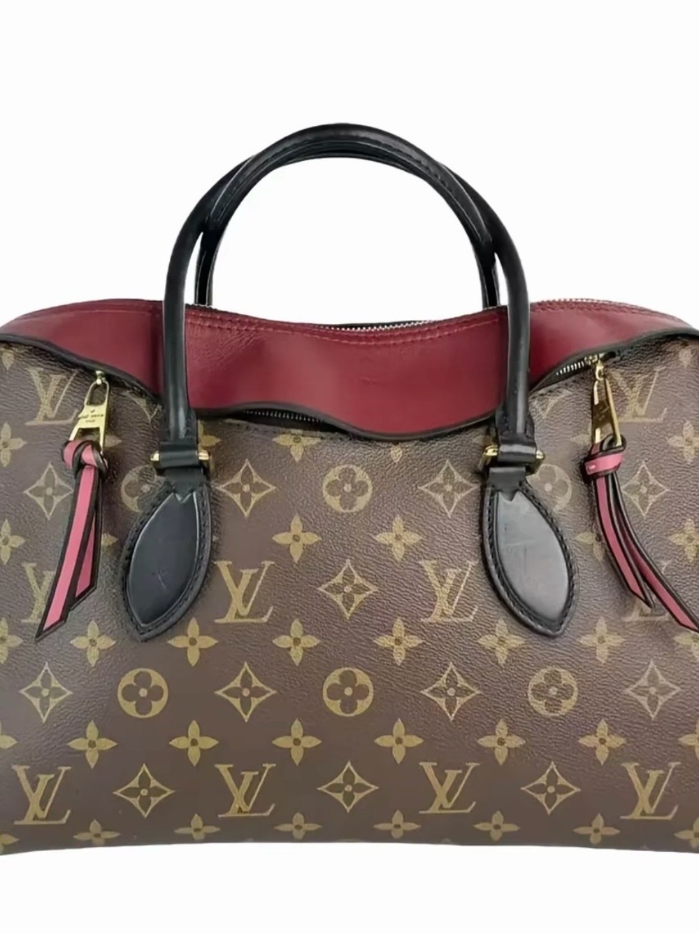 Louis Vuitton Monogram Satchel with Burgundy Trim and Black Handles